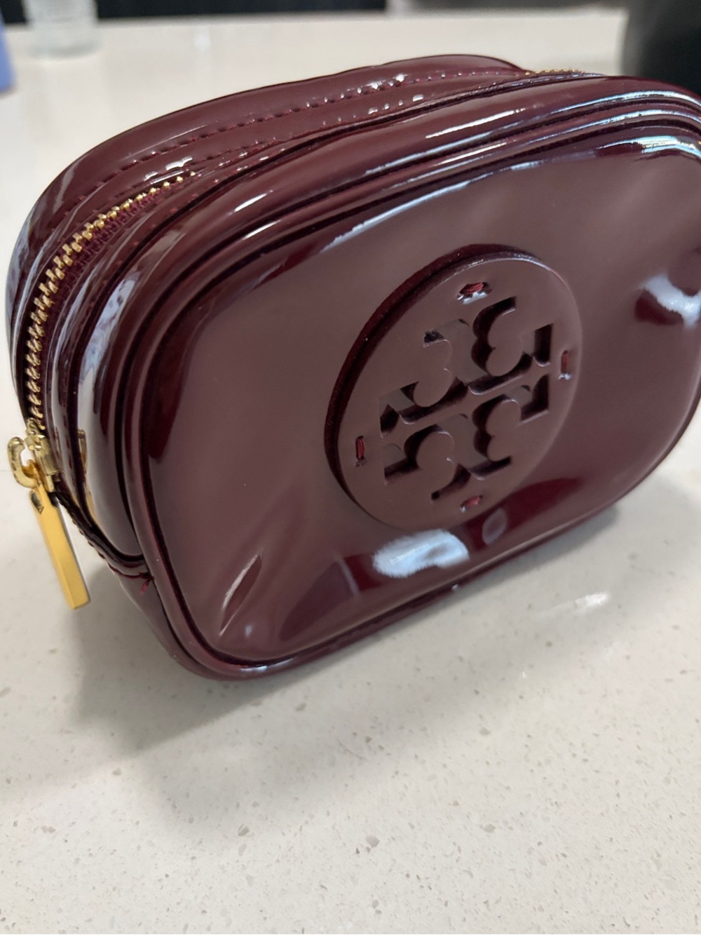 Tory Burch Patent Cosmetic Pouch in Burgundy